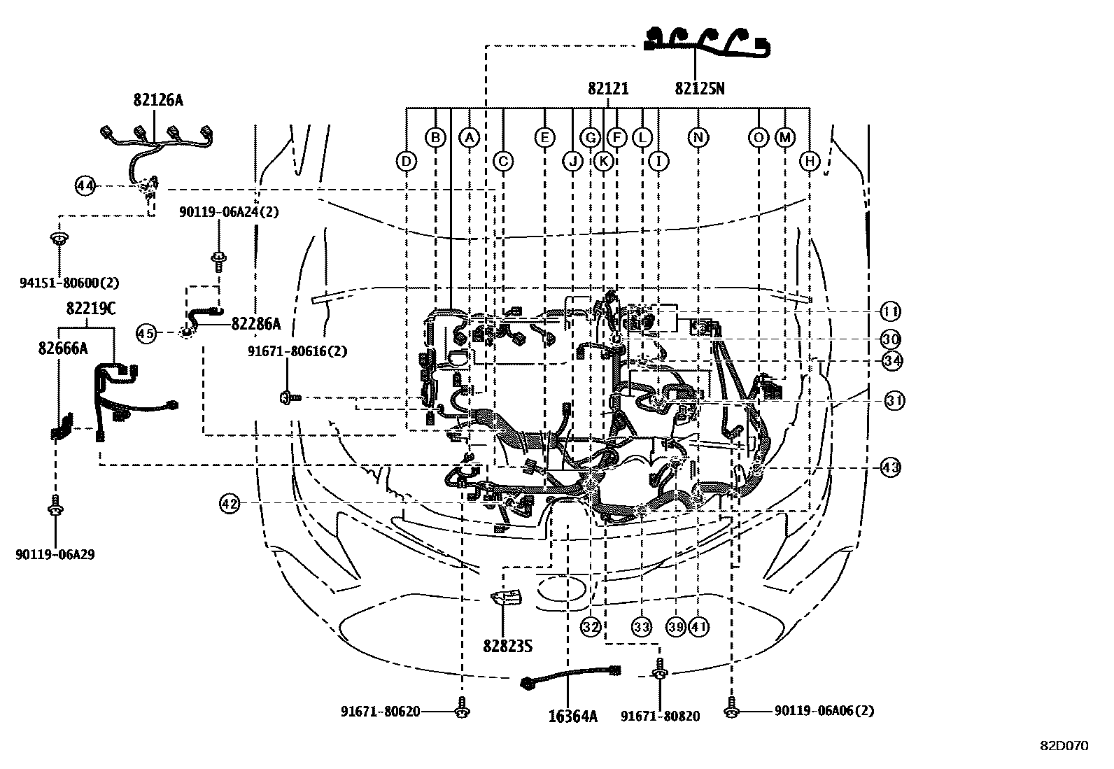 Toyota COROLLA 线束和卡夹 EPC diagram — 82D070