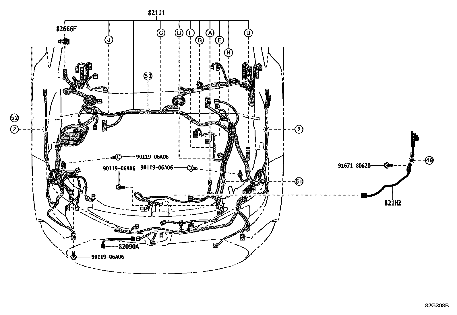 Toyota COROLLA 线束和卡夹 EPC diagram — 82G308B