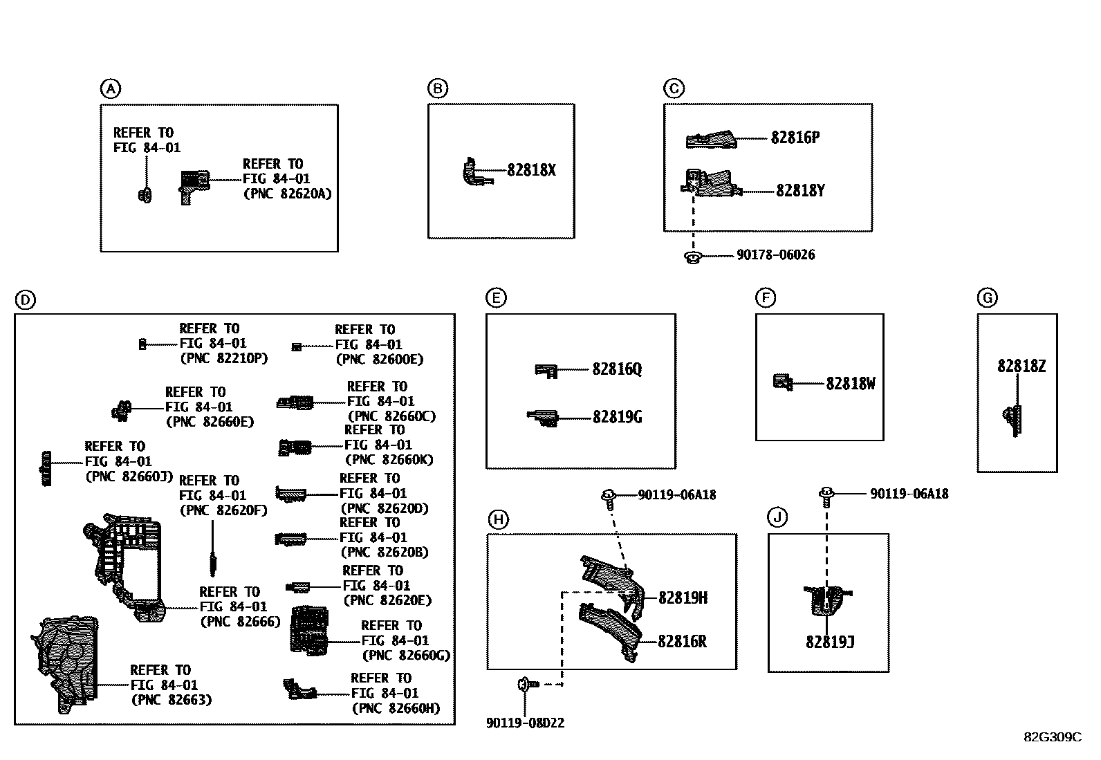 Toyota COROLLA 线束和卡夹 EPC diagram — 82G309C