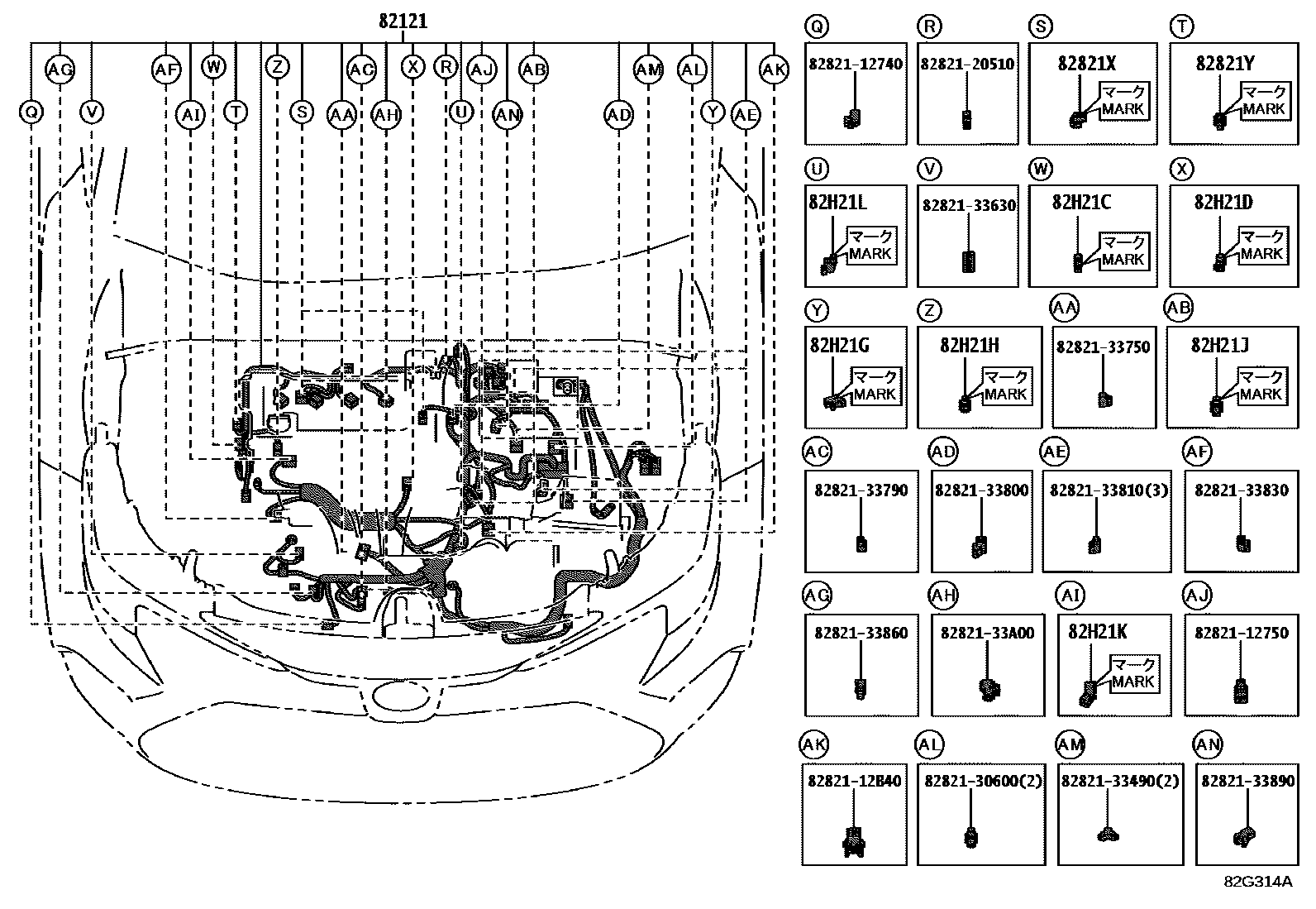 Toyota COROLLA 线束和卡夹 EPC diagram — 82G314A