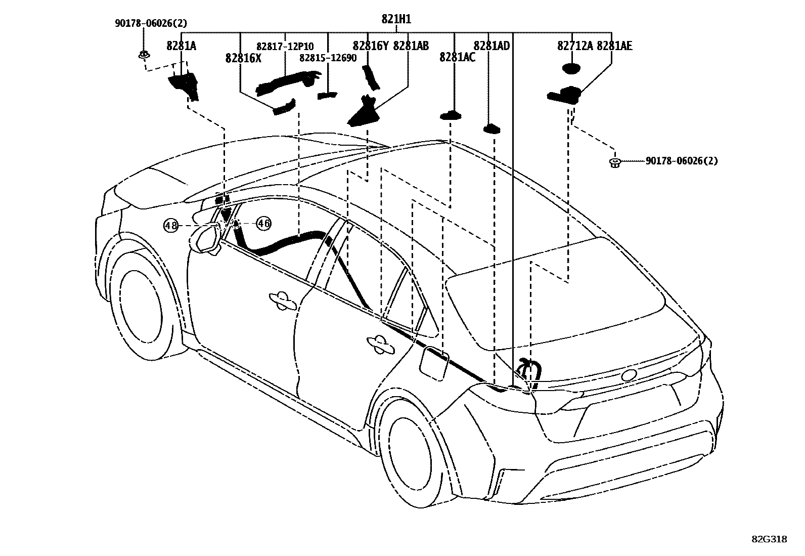 Toyota COROLLA 线束和卡夹 EPC diagram — 82G318