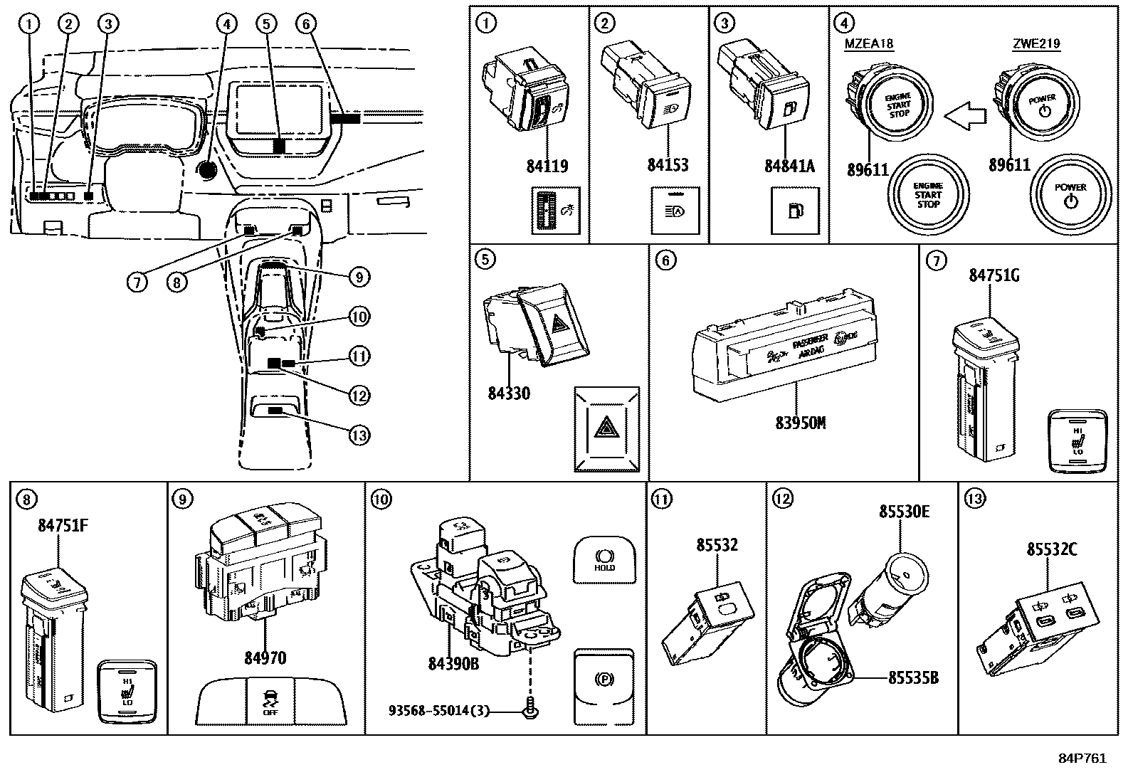 Toyota COROLLA 开关和继电器和ECU EPC diagram — 84P761