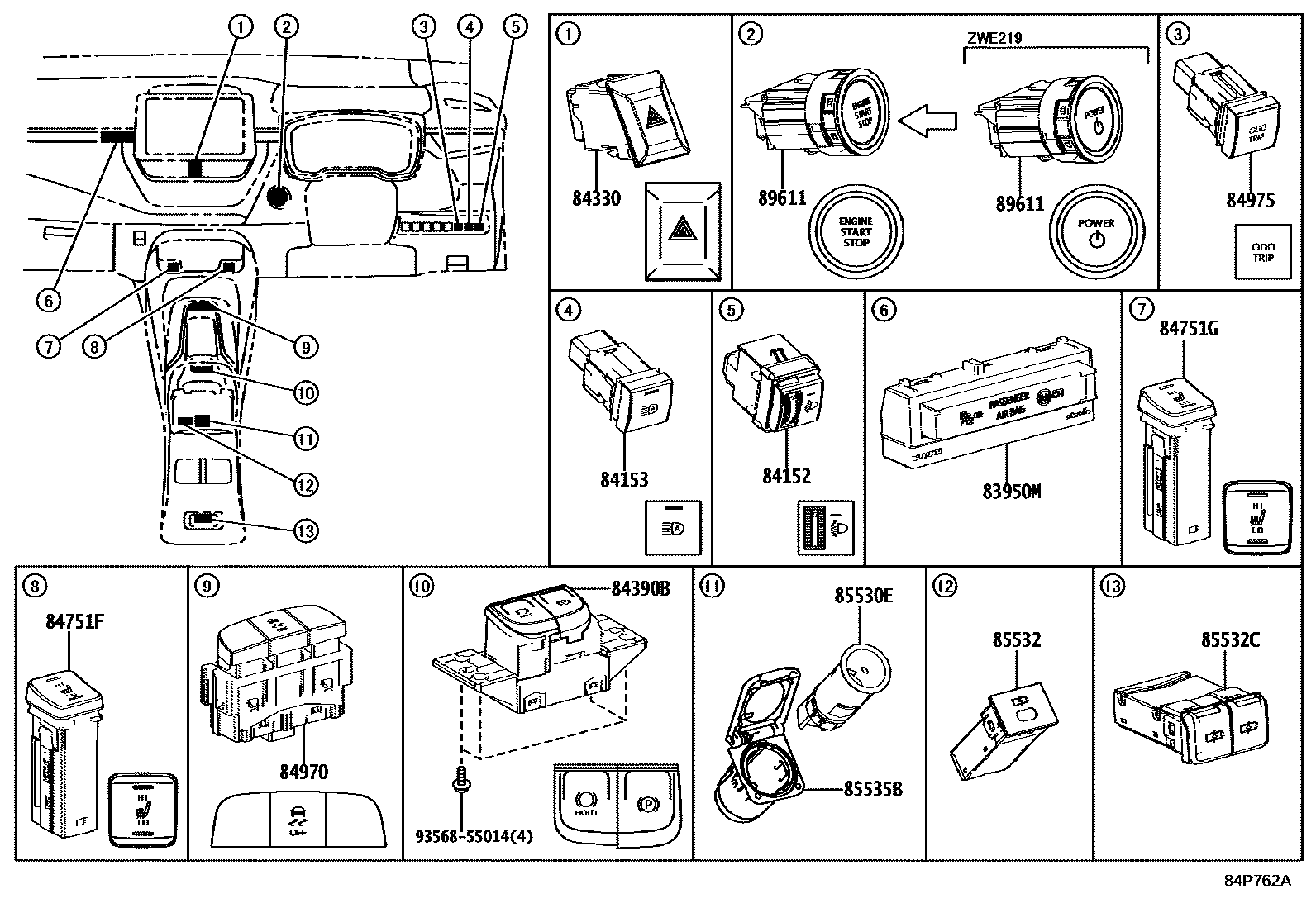 Toyota COROLLA 开关和继电器和ECU EPC diagram — 84P762A