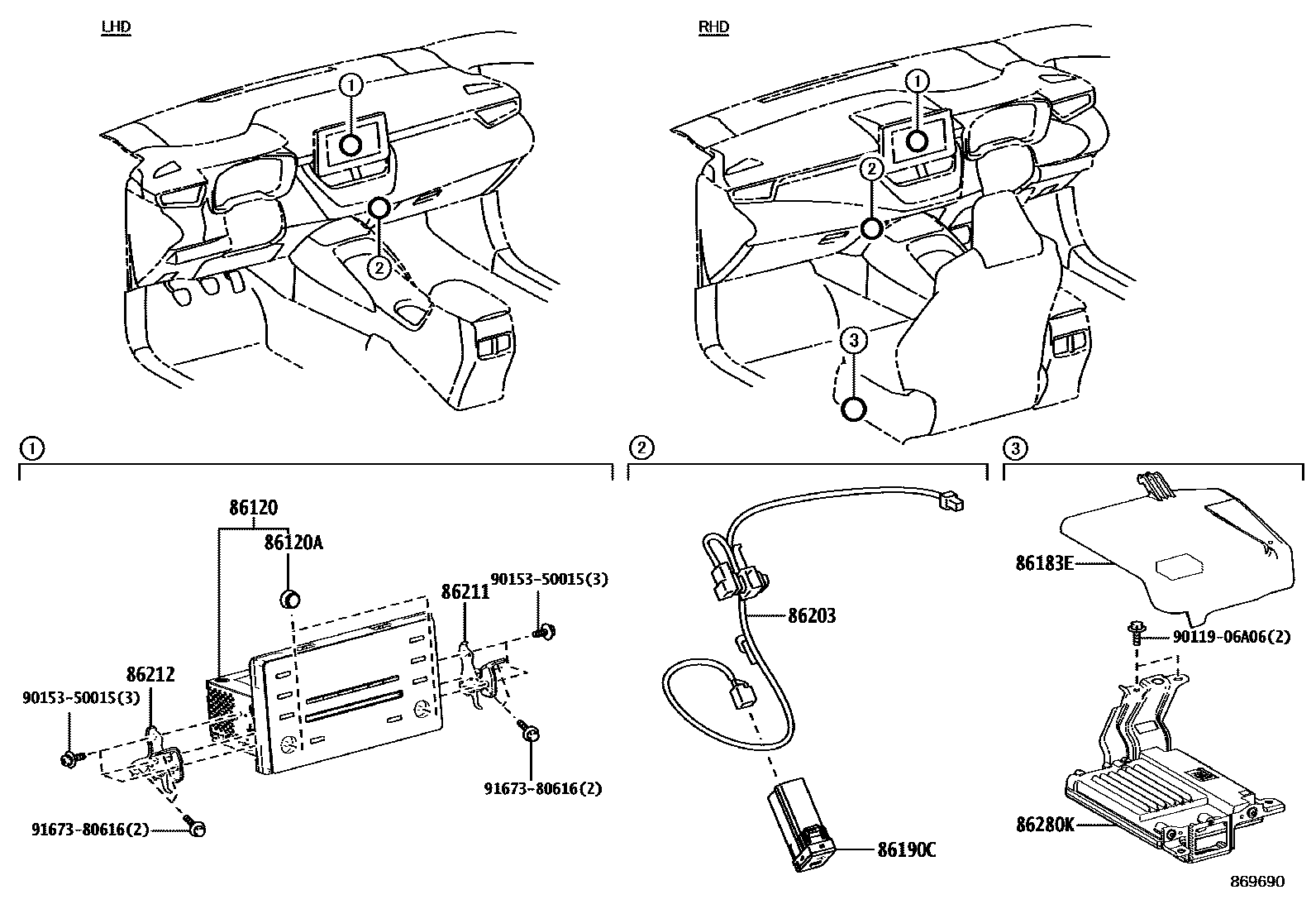Toyota COROLLA 收音机、放大器和冷凝器 EPC diagram — 869690