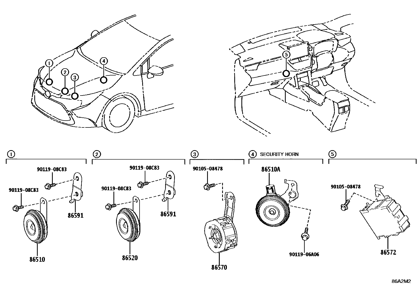 Toyota COROLLA 喇叭 EPC diagram — 86A2M2