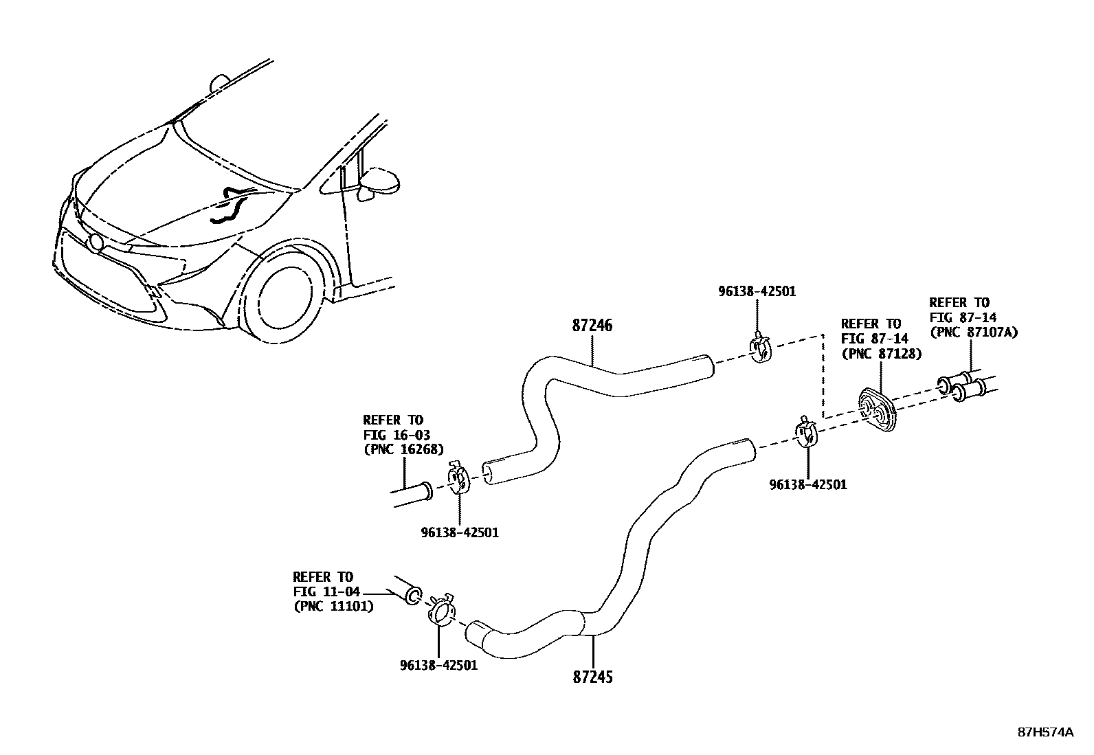Toyota COROLLA 暖风和空调系统 - 水管 EPC diagram — 87H574A