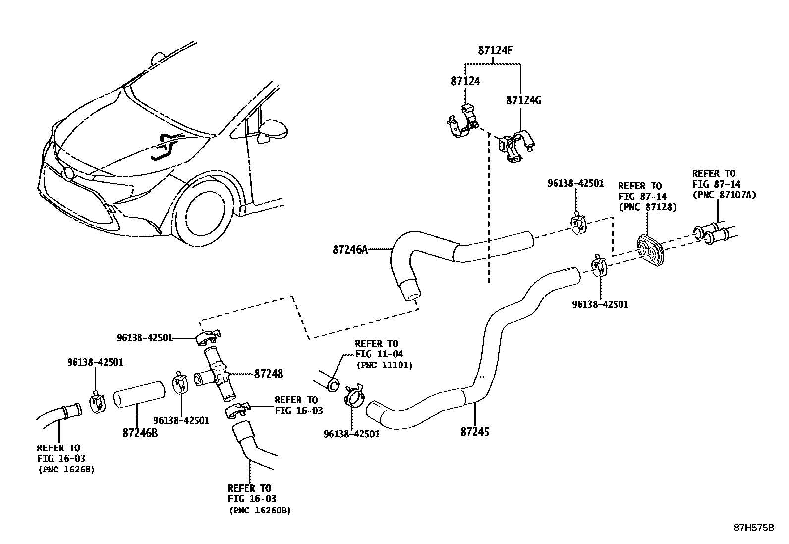Toyota COROLLA 暖风和空调系统 - 水管 EPC diagram — 87H575B