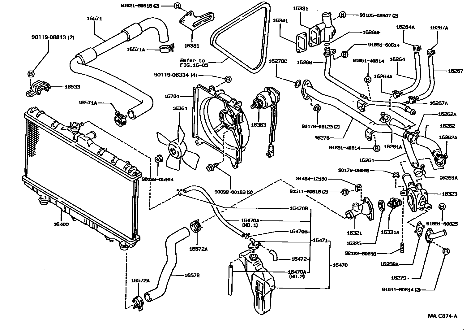 Toyota COROLLA RADIATOR & WATER OUTLET EPC diagram — MAC874A