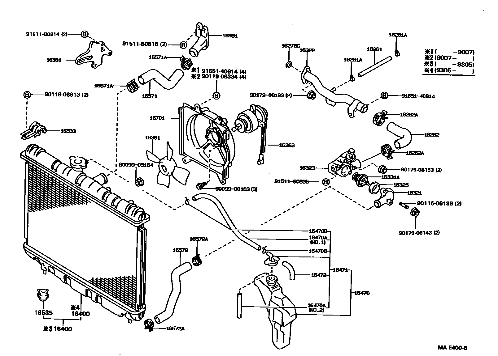 Toyota COROLLA RADIATOR & WATER OUTLET EPC diagram — MAE400B