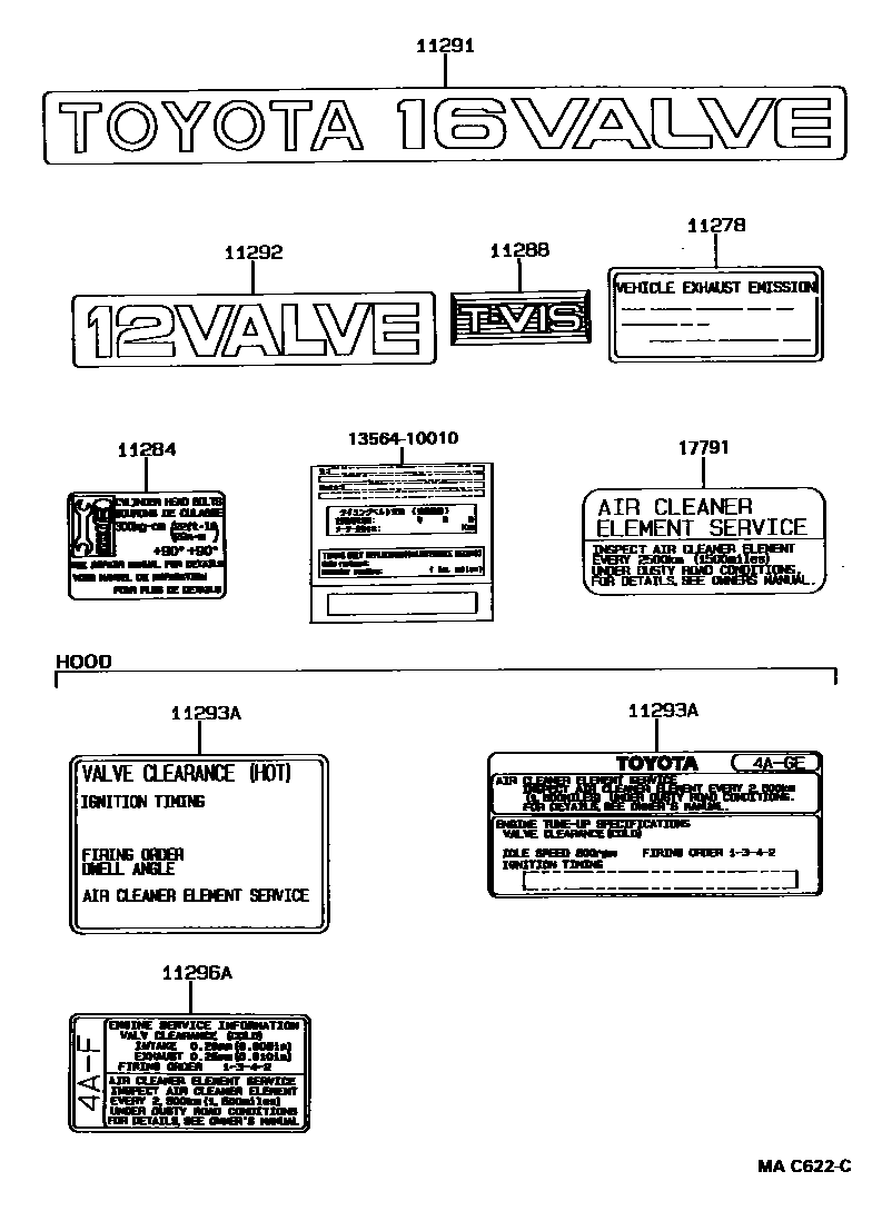 Toyota COROLLA 警示铭牌和名称铭牌(发动机) EPC diagram — MAC622C