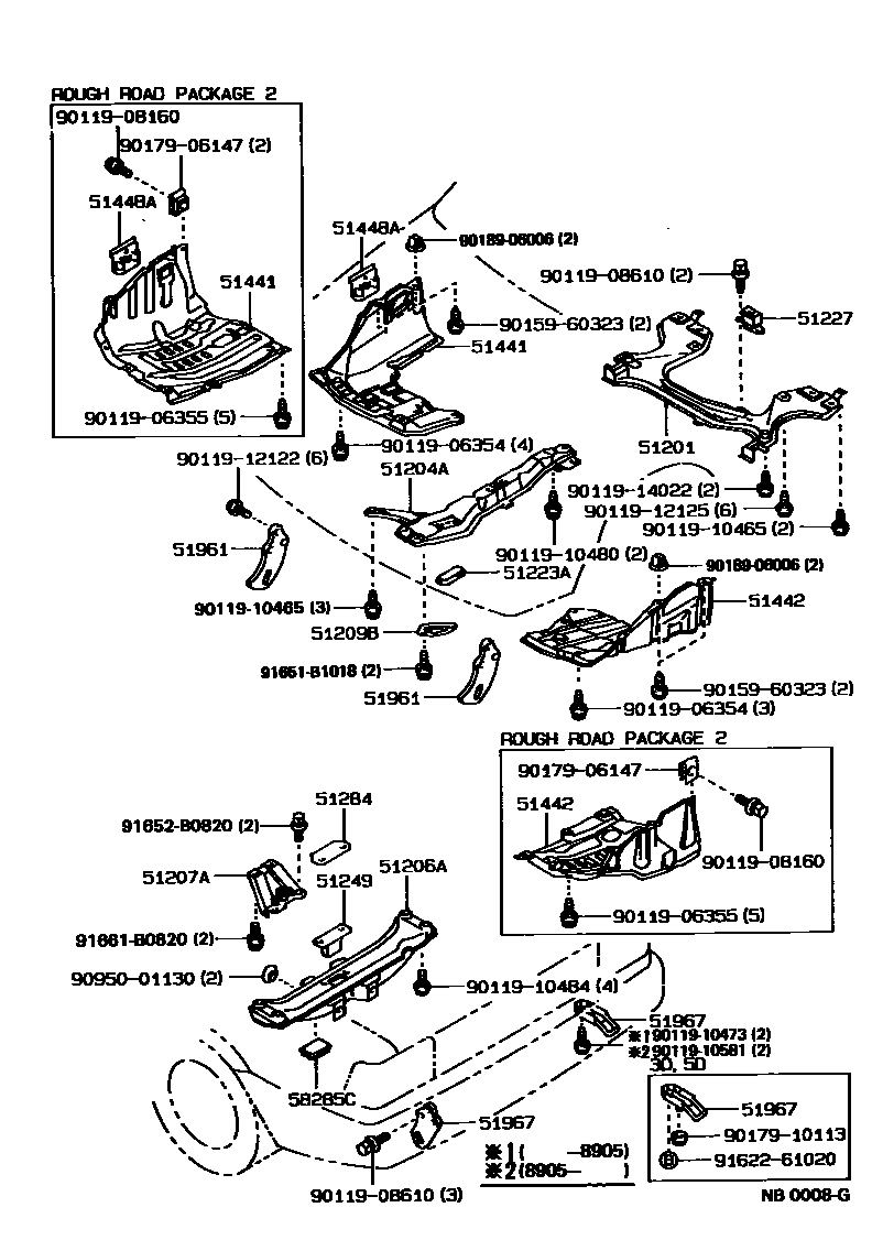 Toyota COROLLA 悬架横梁和发动机底罩 EPC diagram — NB0008G