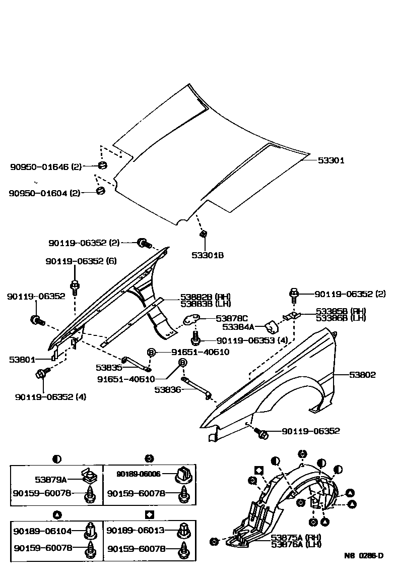 Toyota COROLLA 发动机盖和前翼子板 EPC diagram — NB0286D