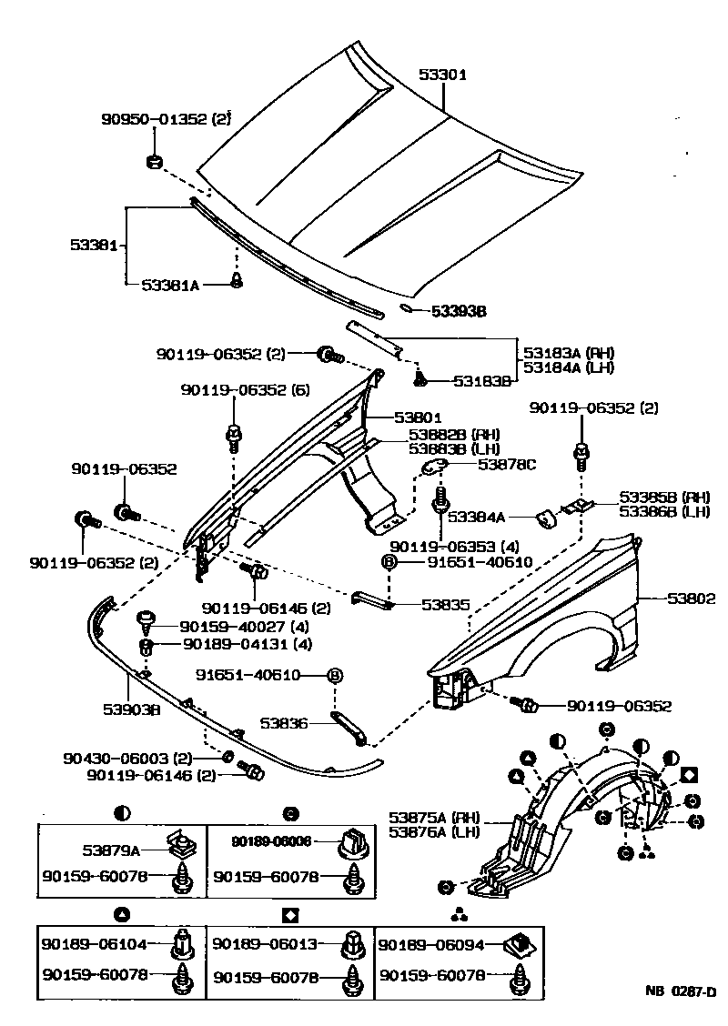 Toyota COROLLA 发动机盖和前翼子板 EPC diagram — NB0287D