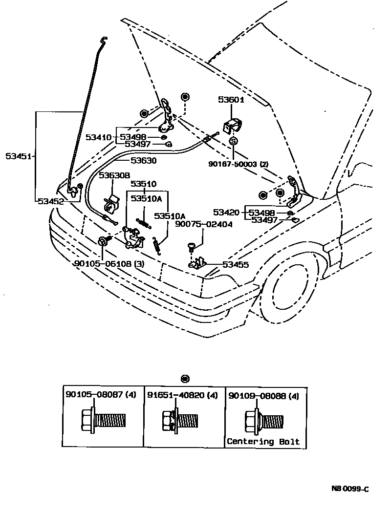 Toyota COROLLA 发动机盖锁和铰链 EPC diagram — NB0099C