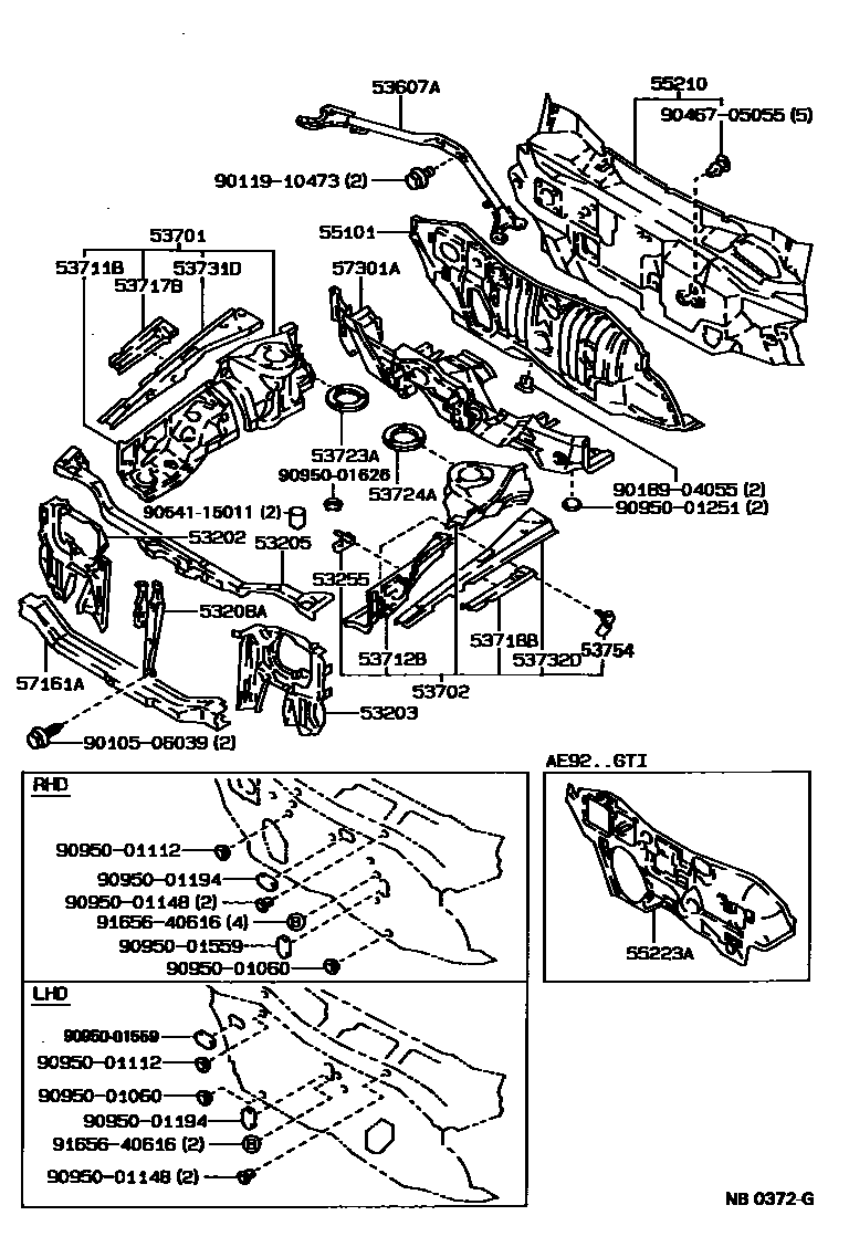Toyota COROLLA 前翼子板挡泥板和前围板 EPC diagram — NB0372G