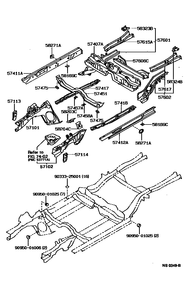 Toyota COROLLA Floor stringers EPC diagram — NB0349B
