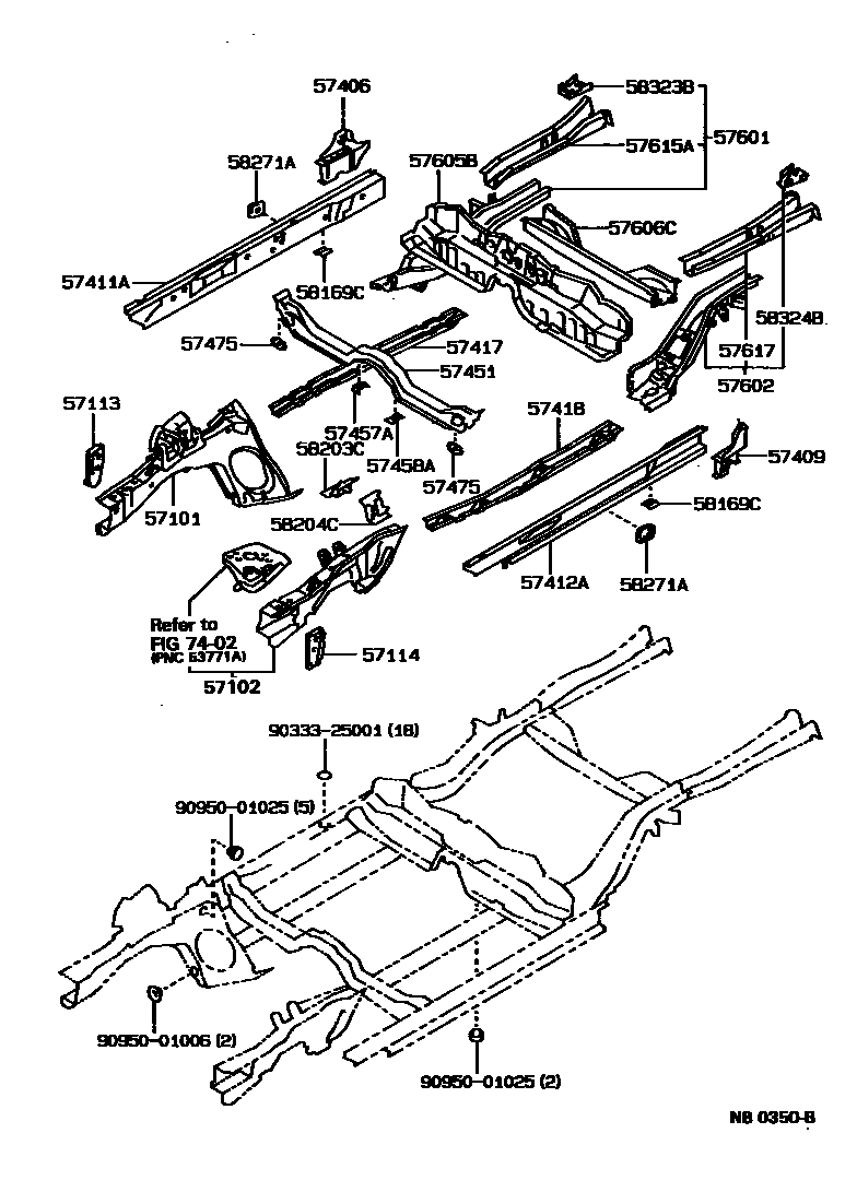 Toyota COROLLA Floor stringers EPC diagram — NB0350B