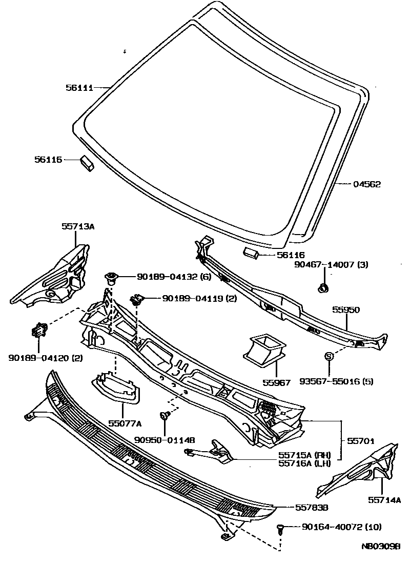 Toyota COROLLA 前围板和挡风玻璃 EPC diagram — NB0309B