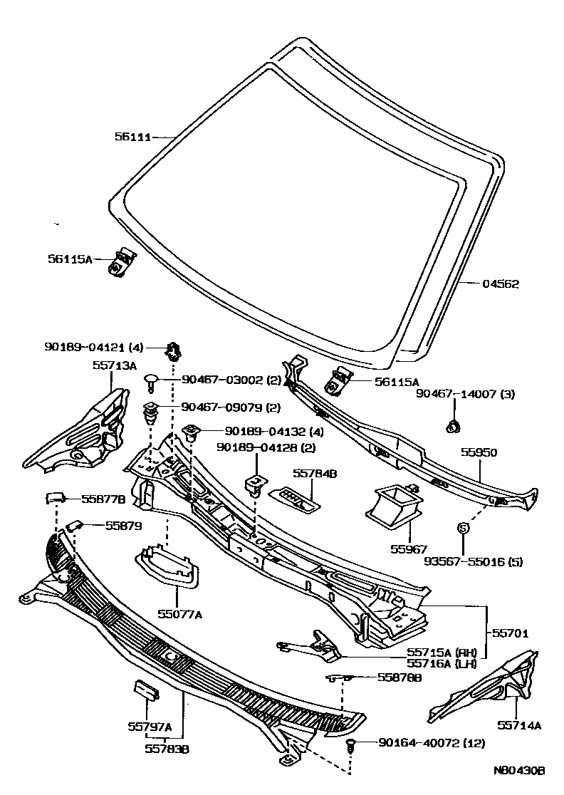 Toyota COROLLA 前围板和挡风玻璃 EPC diagram — NB0430B