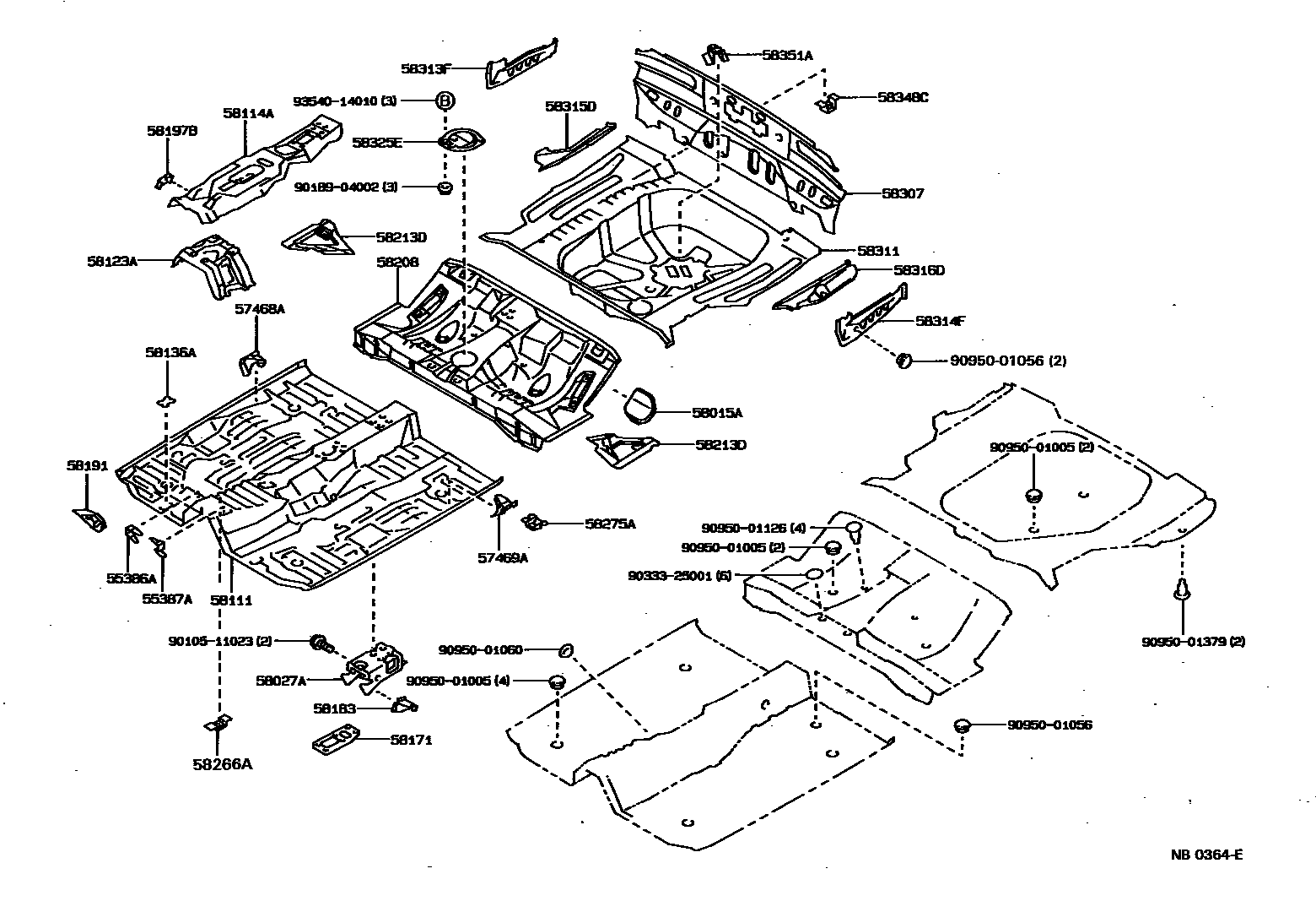 Toyota COROLLA 浅盘形地板和车身下背板 EPC diagram — NB0364E