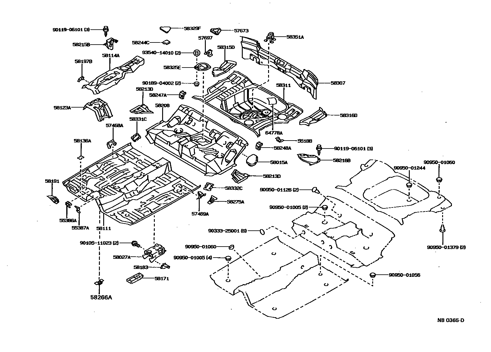 Toyota COROLLA 浅盘形地板和车身下背板 EPC diagram — NB0365D