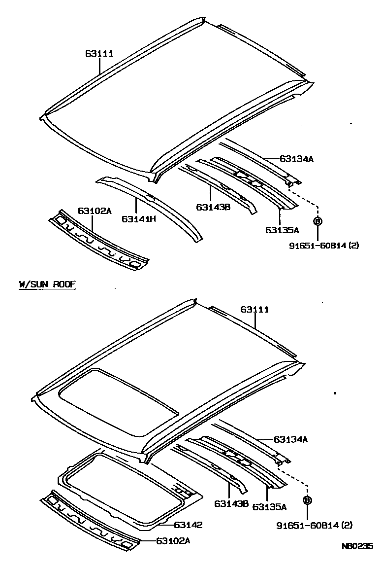 Toyota COROLLA 天窗板和背窗玻璃 EPC diagram — NB0235