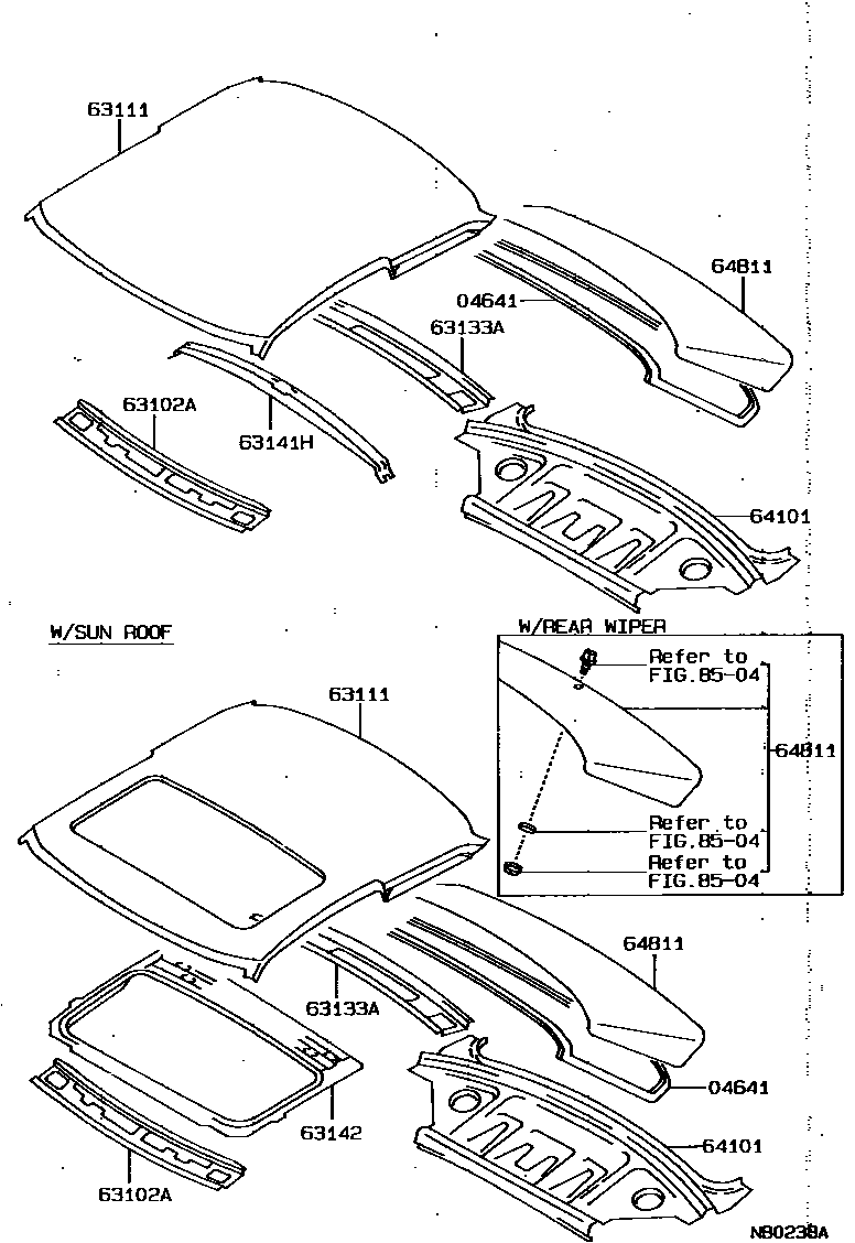 Toyota COROLLA 天窗板和背窗玻璃 EPC diagram — NB0238A