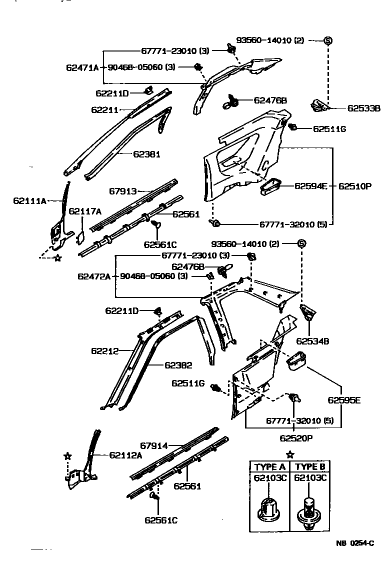 Toyota COROLLA 内饰板和车门防水胶条 EPC diagram — NB0254C