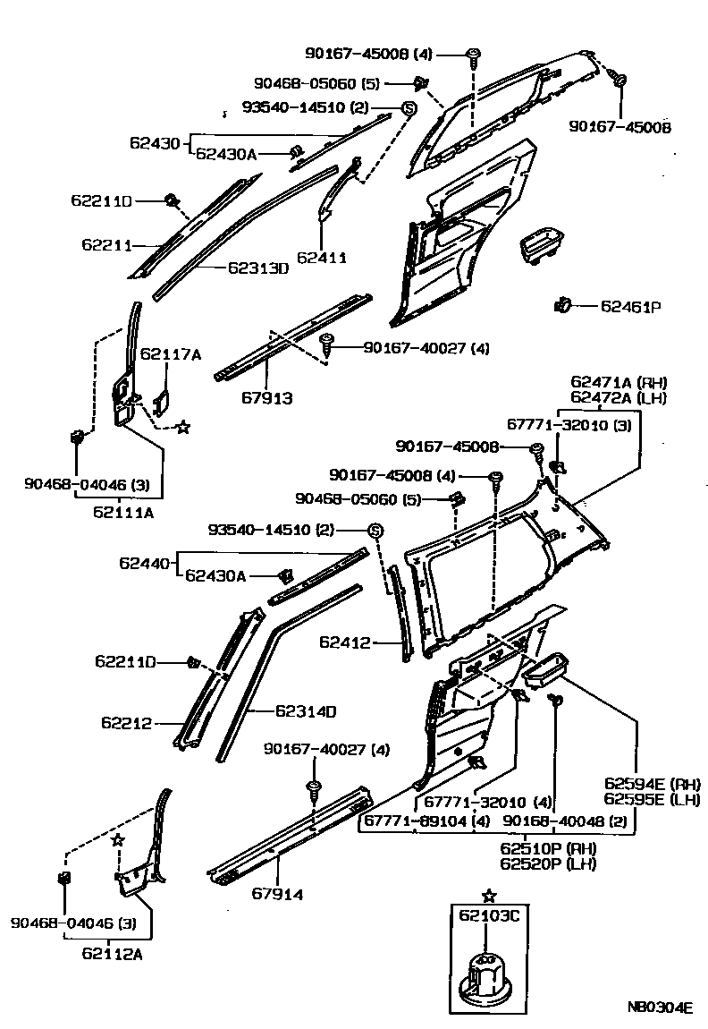 Toyota COROLLA 内饰板和车门防水胶条 EPC diagram — NB0304E