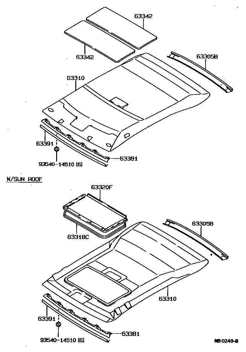 Toyota COROLLA 车顶内衬和消声垫 EPC diagram — NB0249B