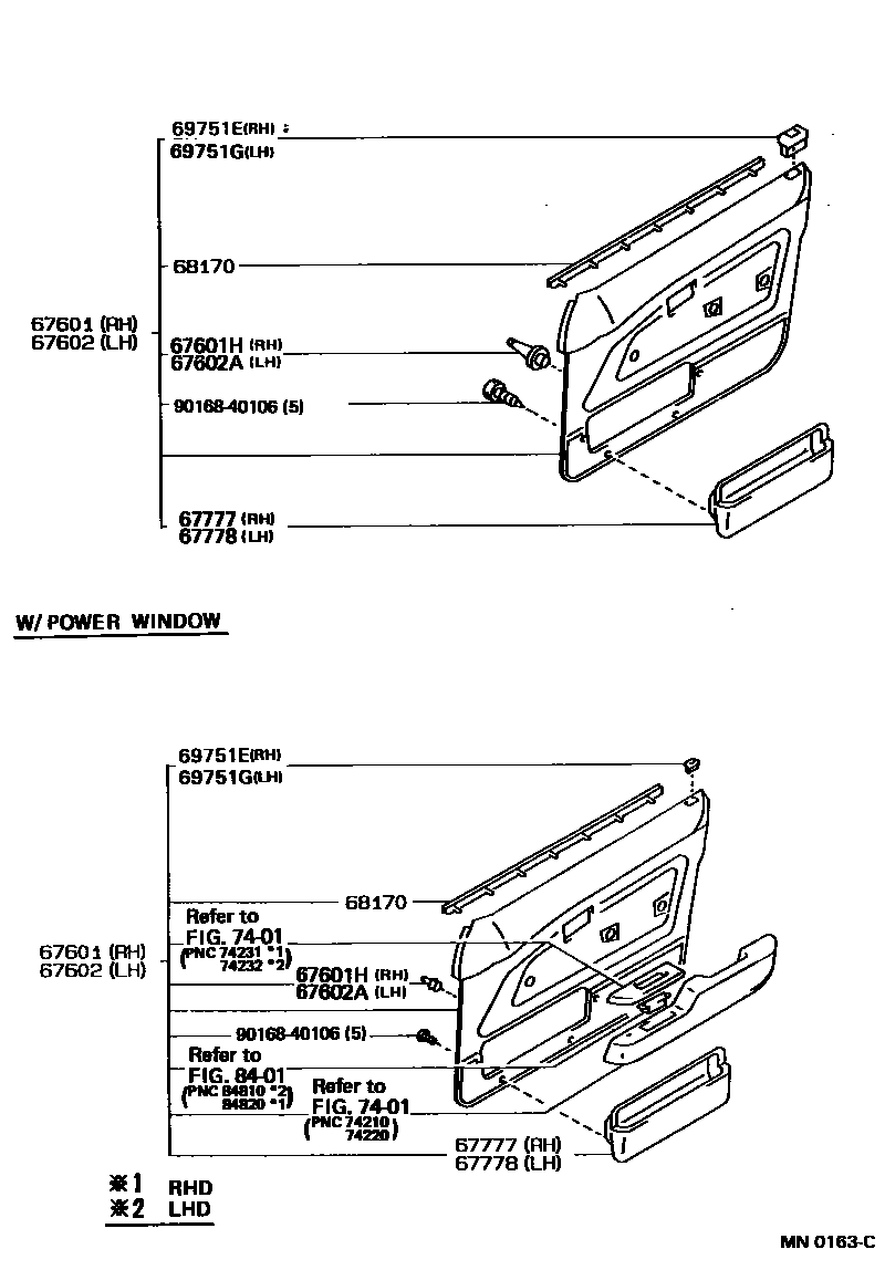 Toyota COROLLA 前门板和前门玻璃 EPC diagram — MN0163C
