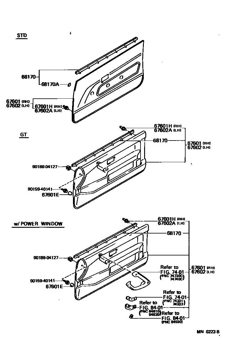 Toyota COROLLA 前门板和前门玻璃 EPC diagram — MN0222B