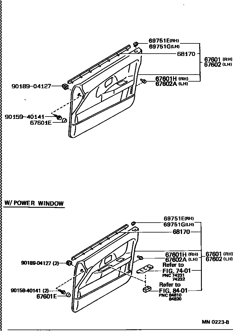 Toyota COROLLA 前门板和前门玻璃 EPC diagram — MN0223B