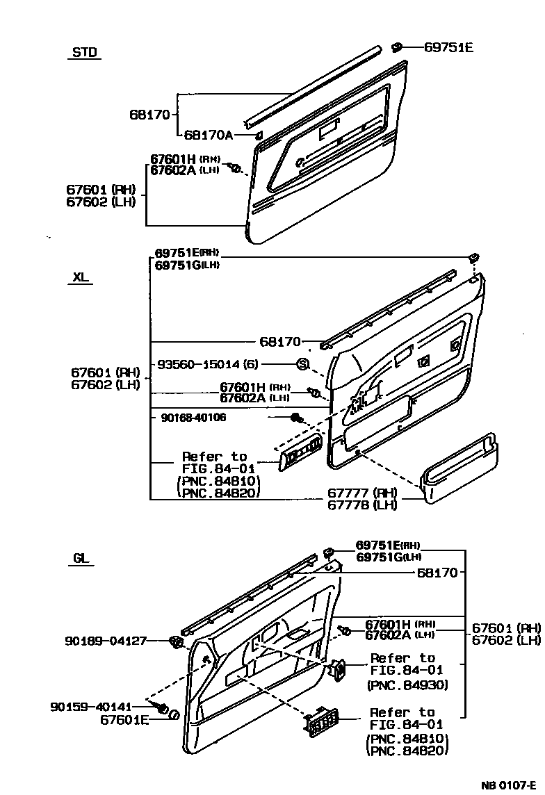 Toyota COROLLA 前门板和前门玻璃 EPC diagram — NB0107E