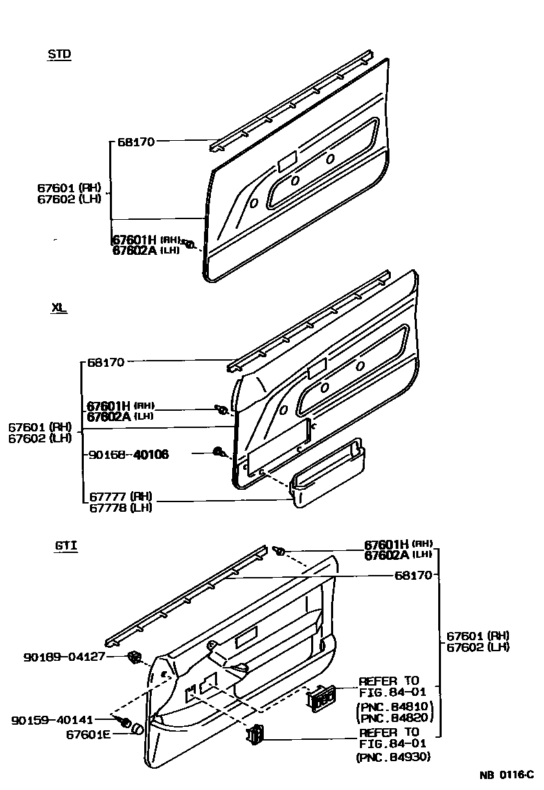 Toyota COROLLA 前门板和前门玻璃 EPC diagram — NB0116C