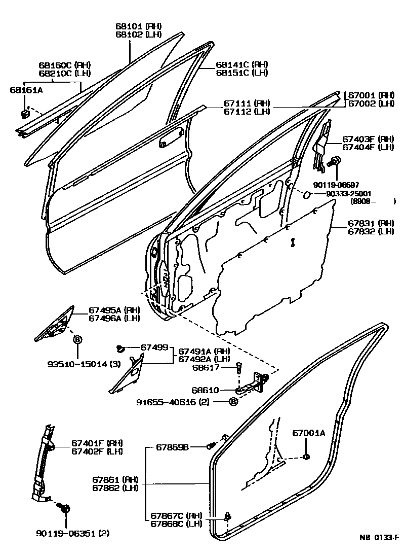 Toyota COROLLA 前门板和前门玻璃 EPC diagram — NB0133F