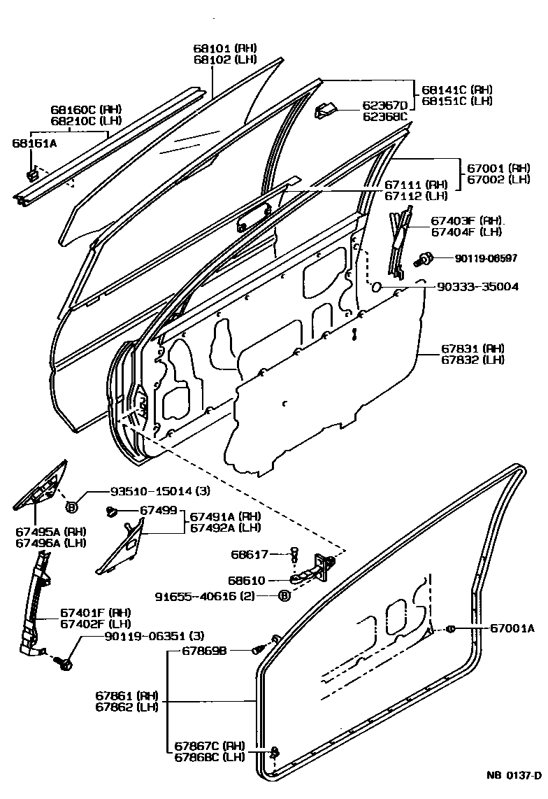 Toyota COROLLA 前门板和前门玻璃 EPC diagram — NB0137D