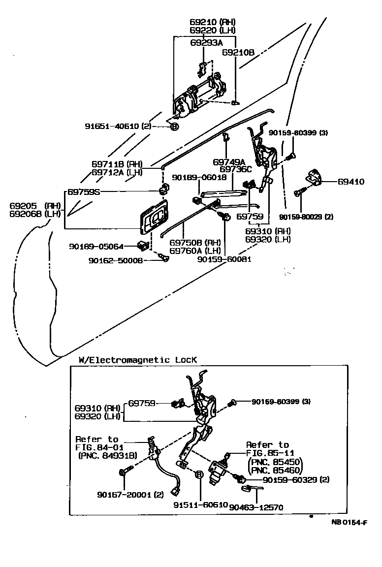 Toyota COROLLA 前门锁和车门把手 EPC diagram — NB0154F