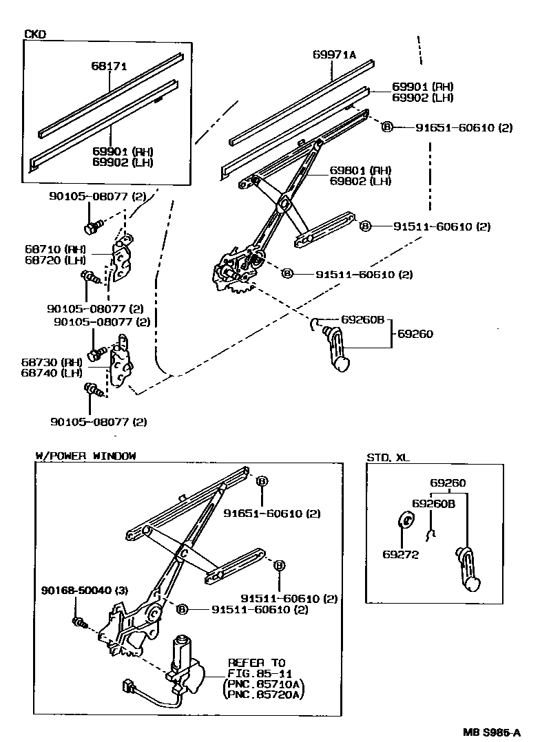 Toyota COROLLA 前门车窗升降器和合页 EPC diagram — MBS985A