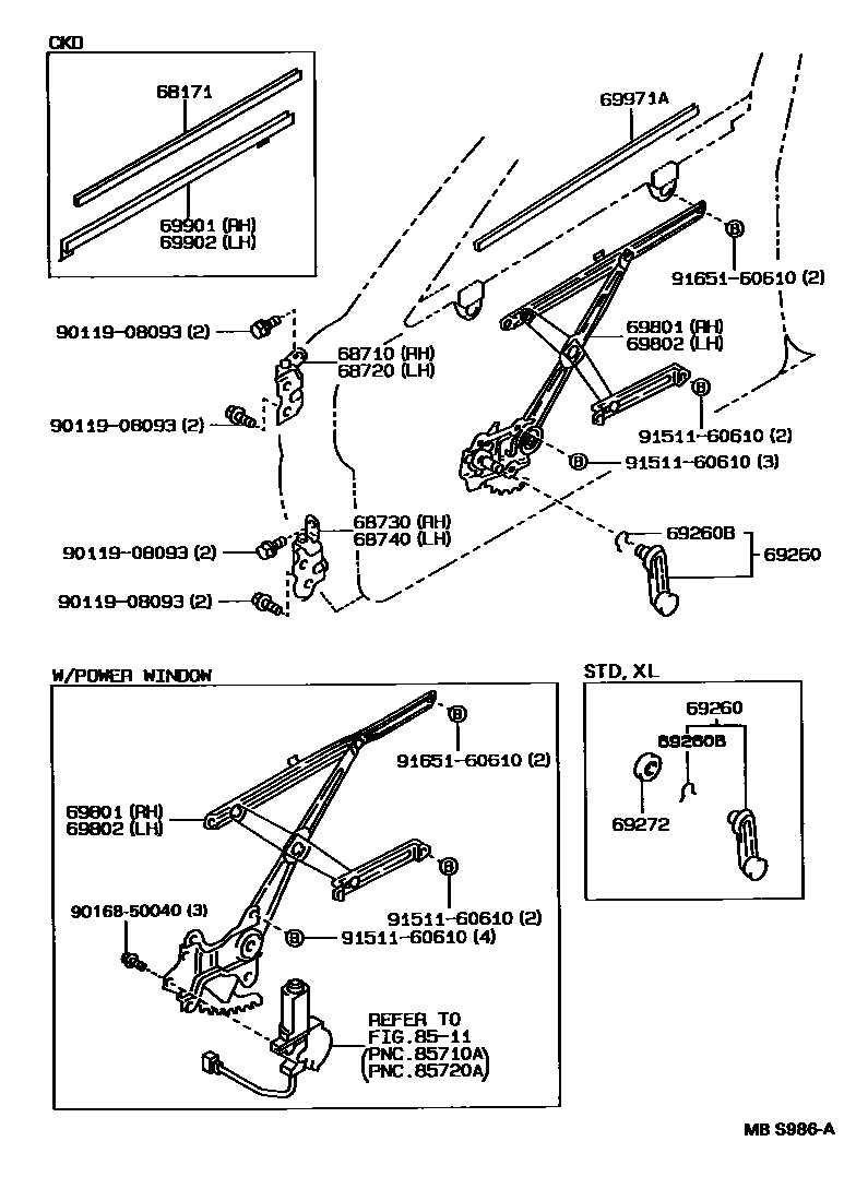 Toyota COROLLA 前门车窗升降器和合页 EPC diagram — MBS986A