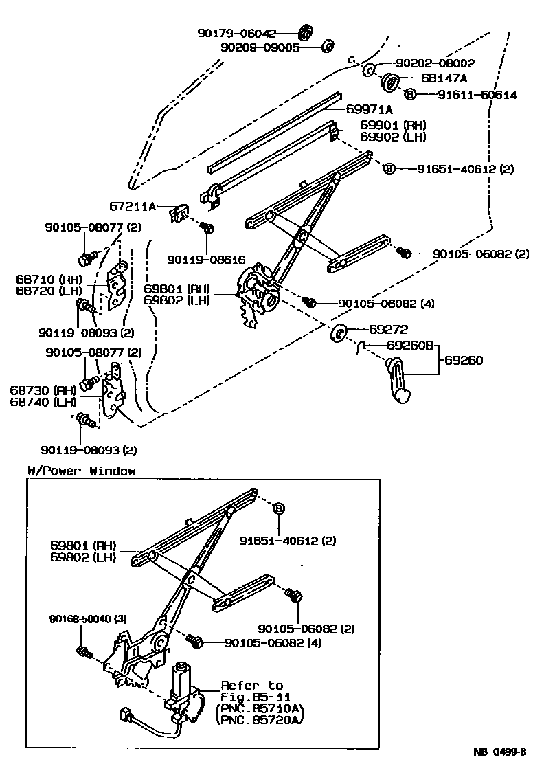 Toyota COROLLA 前门车窗升降器和合页 EPC diagram — NB0499B