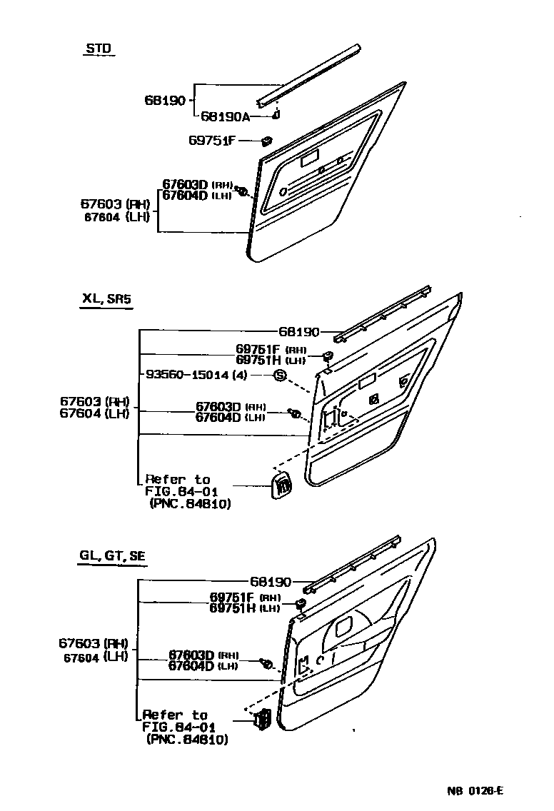 Toyota COROLLA 后门板和后门玻璃 EPC diagram — NB0126E