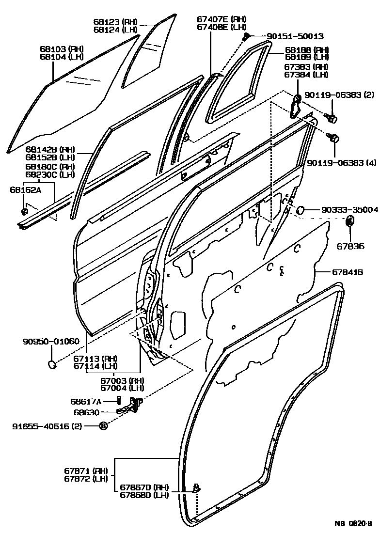 Toyota COROLLA 后门板和后门玻璃 EPC diagram — NB0820B