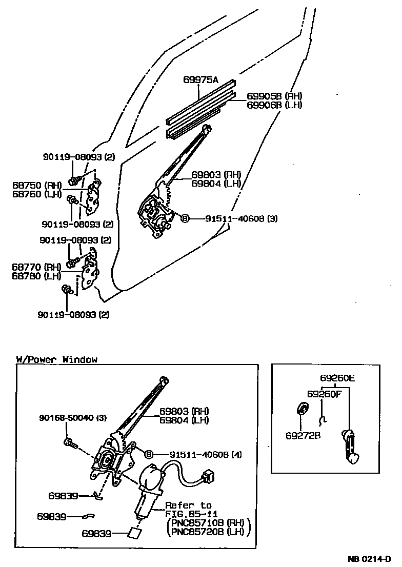 Toyota COROLLA 后门车窗升降器和合页 EPC diagram — NB0214D