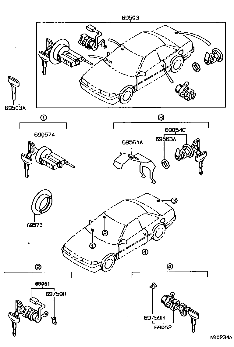 Toyota COROLLA 锁芯组件 EPC diagram — NB0234A