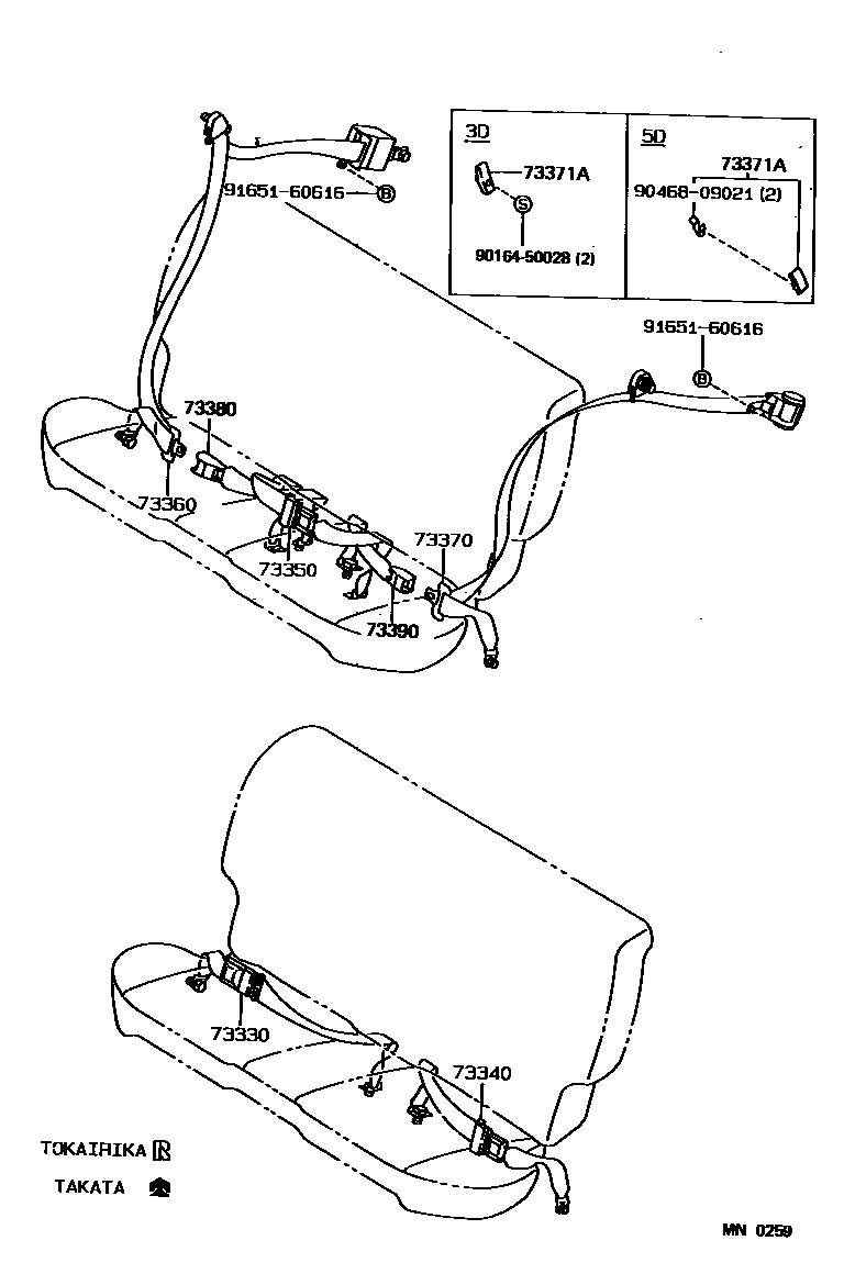 Toyota COROLLA 安全带和儿童保护座椅 EPC diagram — MN0259