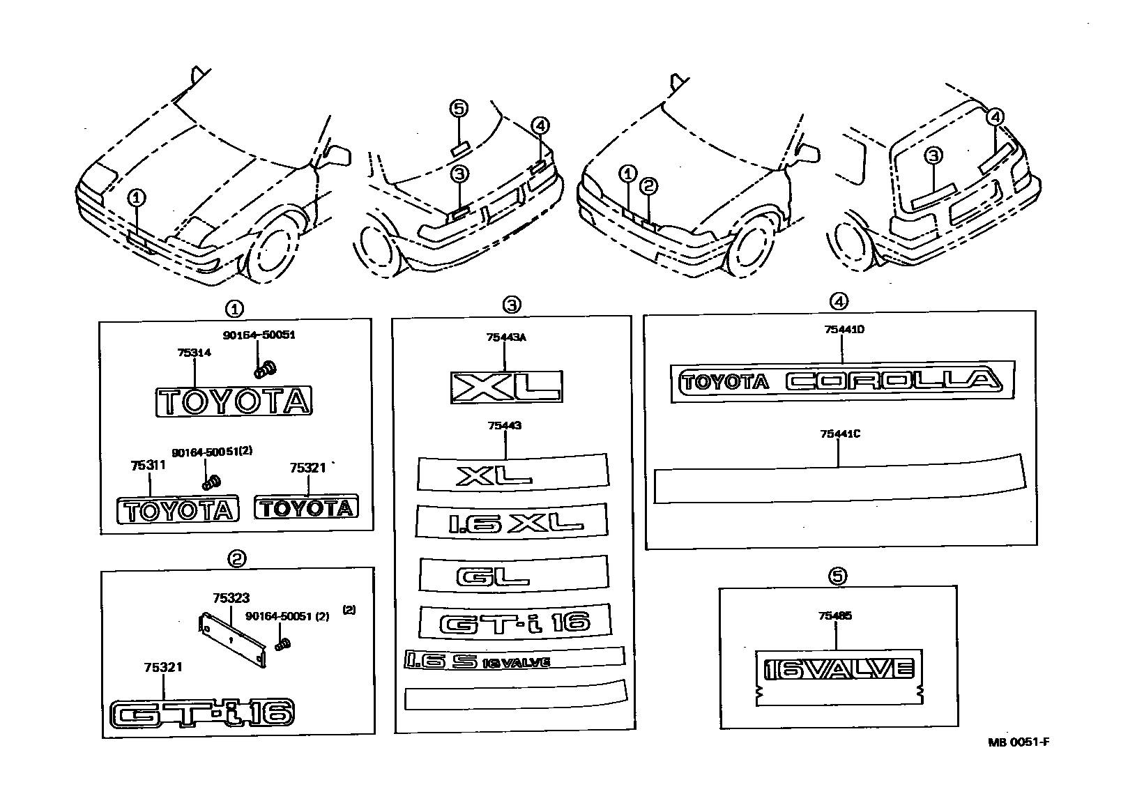 Toyota COROLLA 丰田徽标和铭牌(车外和车内) EPC diagram — MB0051F