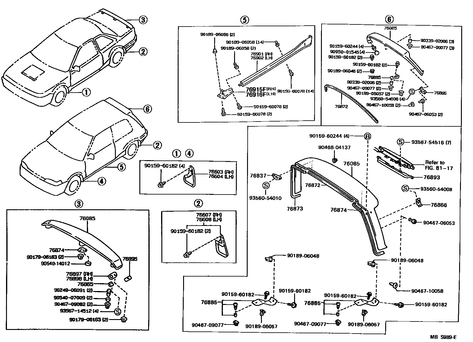 Toyota COROLLA 挡泥板和扰流板 EPC diagram — MBS989E