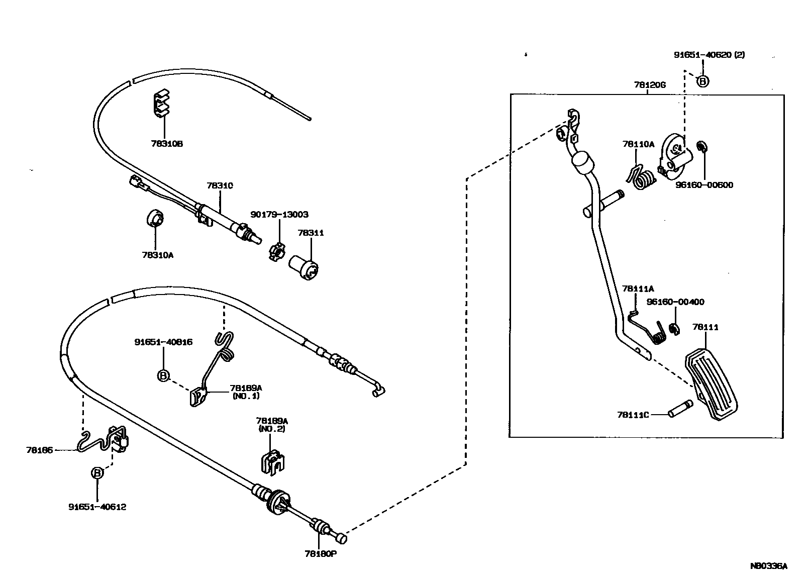 Toyota COROLLA accelerator pedal connecting rod EPC diagram — NB0336A