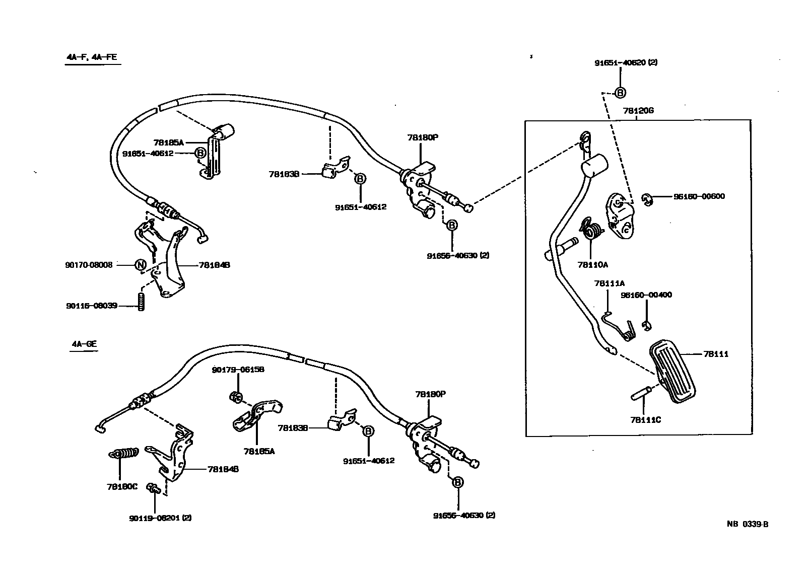 Toyota COROLLA accelerator pedal connecting rod EPC diagram — NB0339B
